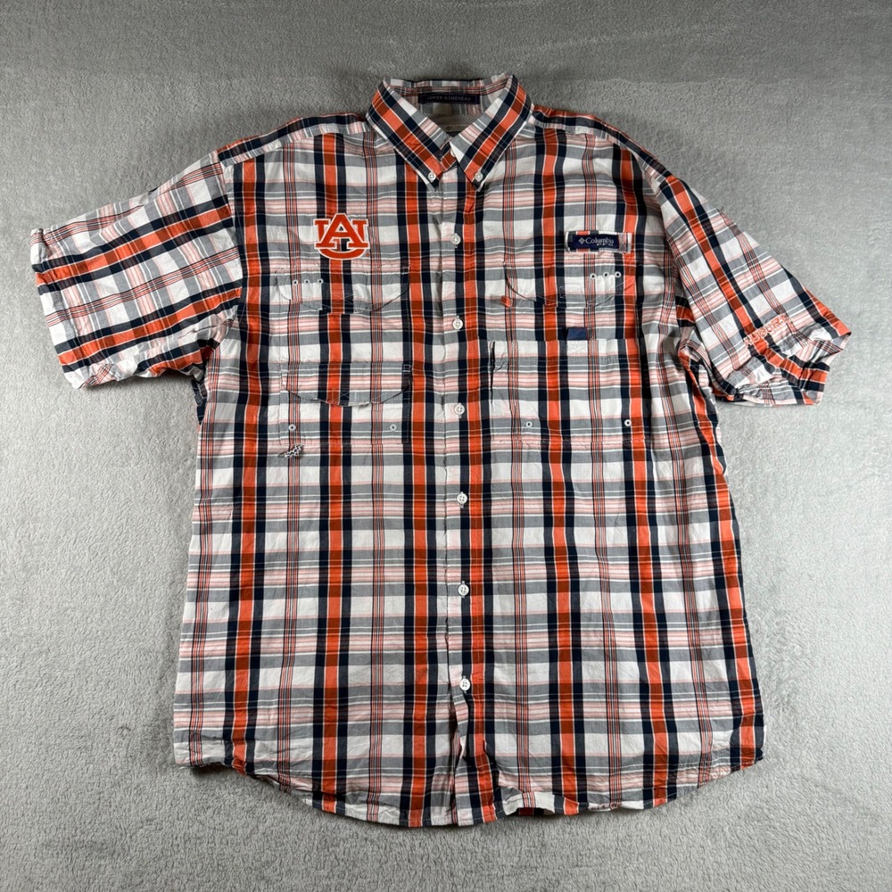 Columbia PFG Shirt Mens Medium Orange Plaid Auburn Tigers Super Bonehead S/S